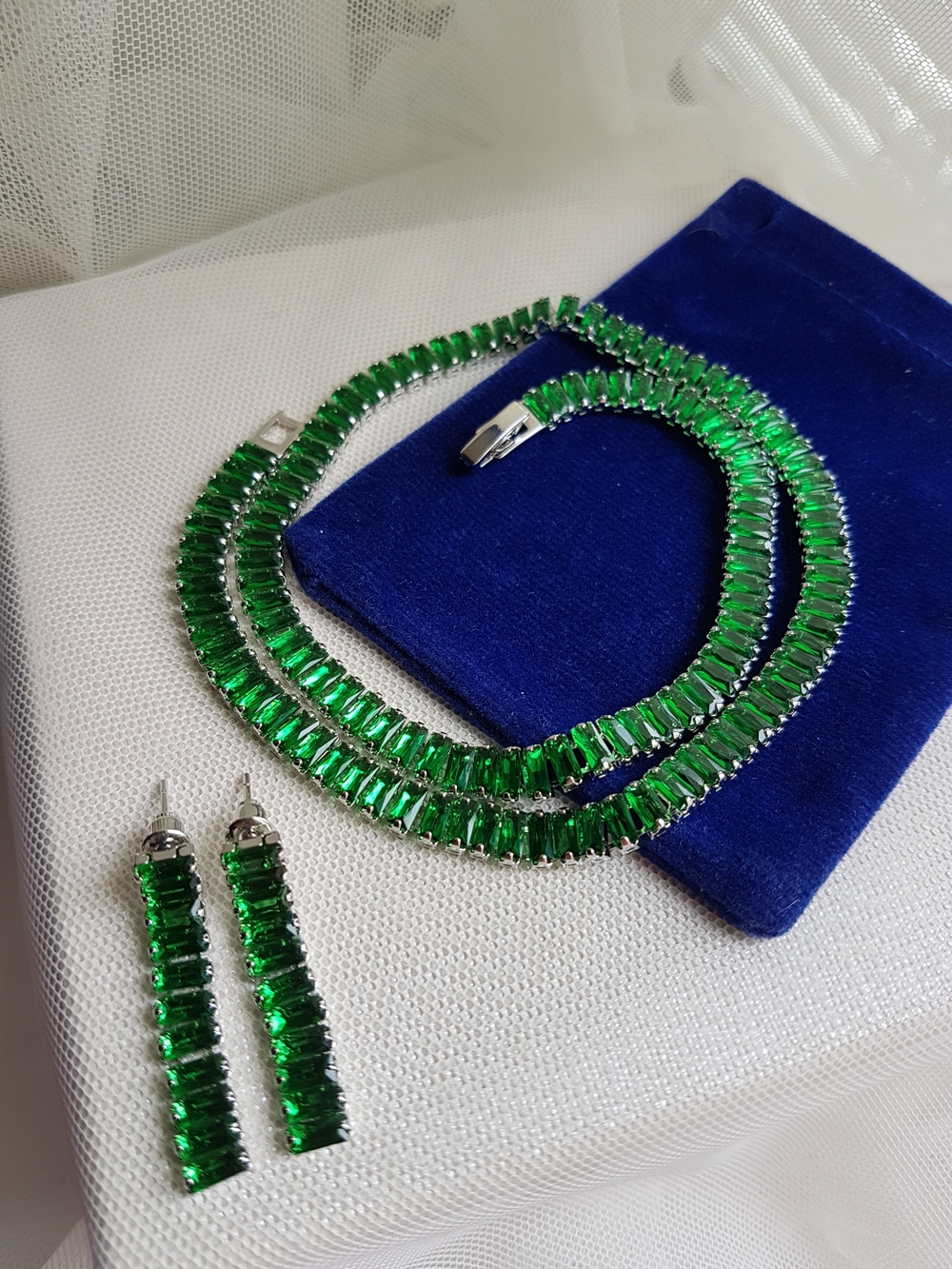 Swarovski Elements Silver Emerald Green Emerald-cut Baguette Tennis Necklace NEW - Picture 7 of 17
